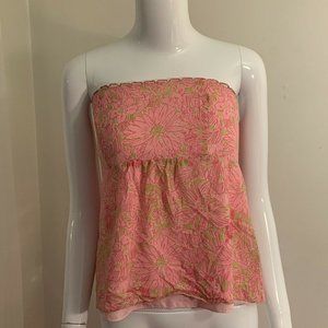 Lily Pulitzer Pink Green Floral Strapless Tube Top Halter Swing Smocked Back 6